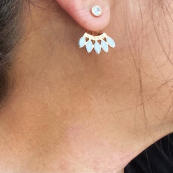 OPAL GOLD DIAMOND BACK FRONT STUDS EARRINGS - Picture 2 of 5